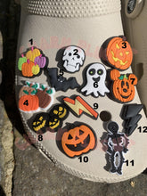 Load image into Gallery viewer, Halloween Croc Charms Clog Charm Shoe Pin Badge Ghost Pumpkin Skull Skeleton Tombstone Bat Lightning Spooky Scary Charms
