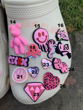 Load image into Gallery viewer, Pink Croc Charms Clog Charm Shoe Pin Badge Pink Charm Butterfly Teddy Bear Drink Dice Diamond Heart Mermaid Tail Face Lightning Octopus XOXO Phrases Love
