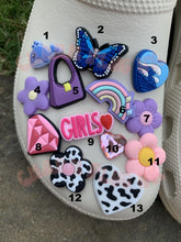 Load image into Gallery viewer, Mixed Croc Charms Clog Pin Badge Purple Charm Flower Cowboy Cowgirl Mermaid Evil Eye Flamingo Bear Set Blue Rainbow Heart Aesthetic Daisy Butterfly Summer Spring
