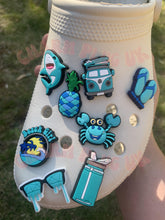 Load image into Gallery viewer, Blue Croc Charms Set Bundle Clog Charm Shoe Pin Badge Charm Wave Sea Ocean Crab Shark
