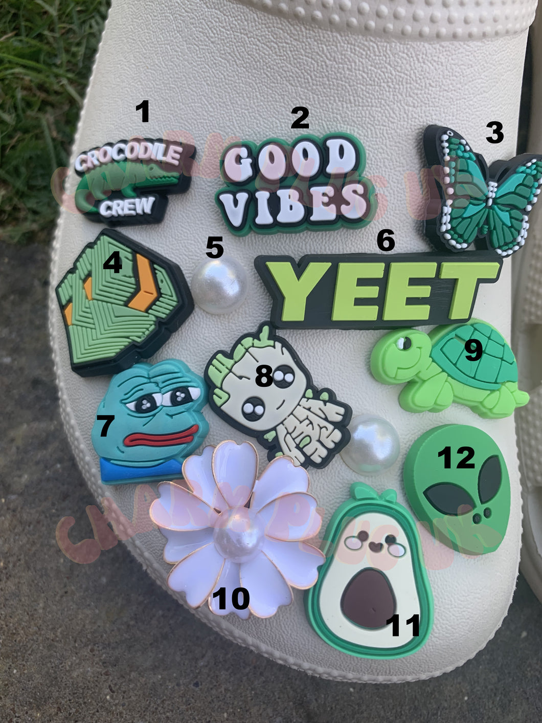 Green Croc Charms Crocodile Yeet Butterfly Car Cash Frog Groot Alien Avocado White Bear Leaf Clover Tulip