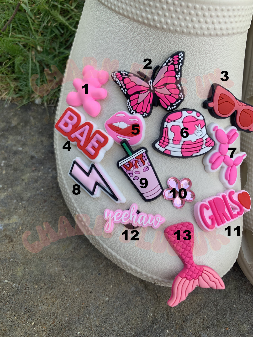 Pink Croc Charms Clog Charm Shoe Pin Badge Pink Charm Butterfly Teddy Bear Drink Dice Diamond Heart Mermaid Tail Face Lightning Octopus XOXO Phrases Love