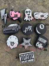 Load image into Gallery viewer, Black &amp; White Croc Charms Clog Gothic Charm Shoe Pin Badge Mother Weird Heart Evil Eye Bat Skull Swan Ying Yang Panda Polka Dot Ghost
