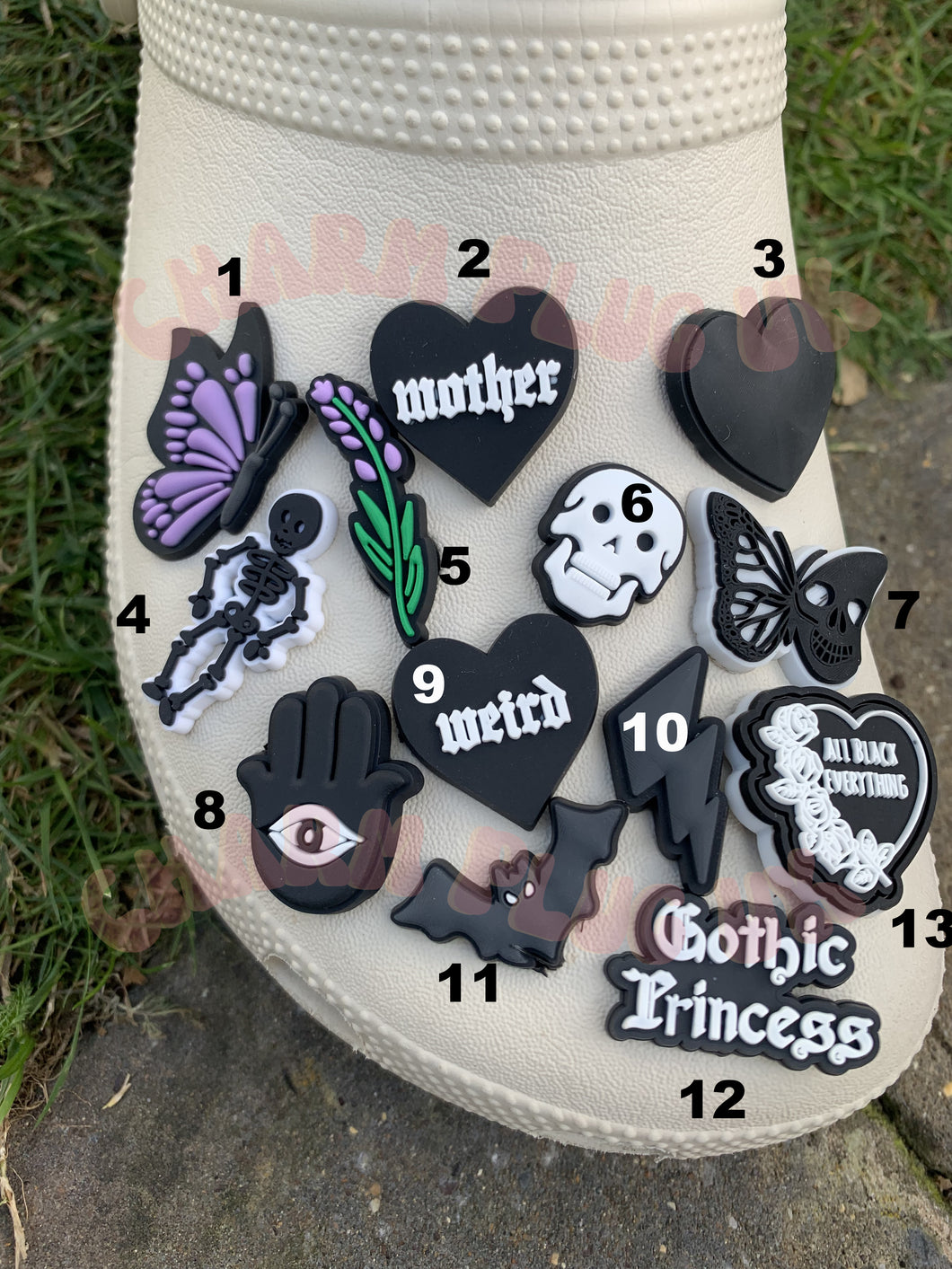 Black & White Croc Charms Clog Gothic Charm Shoe Pin Badge Mother Weird Heart Evil Eye Bat Skull Swan Ying Yang Panda Polka Dot Ghost