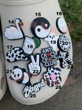 Load image into Gallery viewer, Black &amp; White Croc Charms Clog Gothic Charm Shoe Pin Badge Mother Weird Heart Evil Eye Bat Skull Swan Ying Yang Panda Polka Dot Ghost
