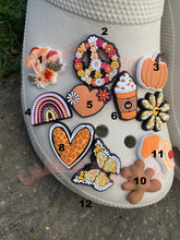 Load image into Gallery viewer, Autumn Peace Pattern Croc Charms Clog Pin Badge Autumnal Charm Spring Peace Sign Macrame Mushroom Flower Brown Bear Teddy Flowers Love Heart Orange Pattern Charms
