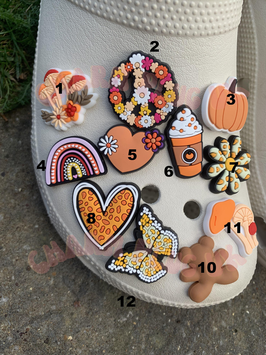 Autumn Peace Pattern Croc Charms Clog Pin Badge Autumnal Charm Spring Peace Sign Macrame Mushroom Flower Brown Bear Teddy Flowers Love Heart Orange Pattern Charms