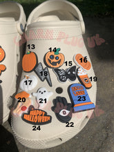 Load image into Gallery viewer, Halloween Croc Charms Clog Charm Shoe Pin Badge Ghost Pumpkin Skull Skeleton Tombstone Bat Lightning Spooky Scary Charms
