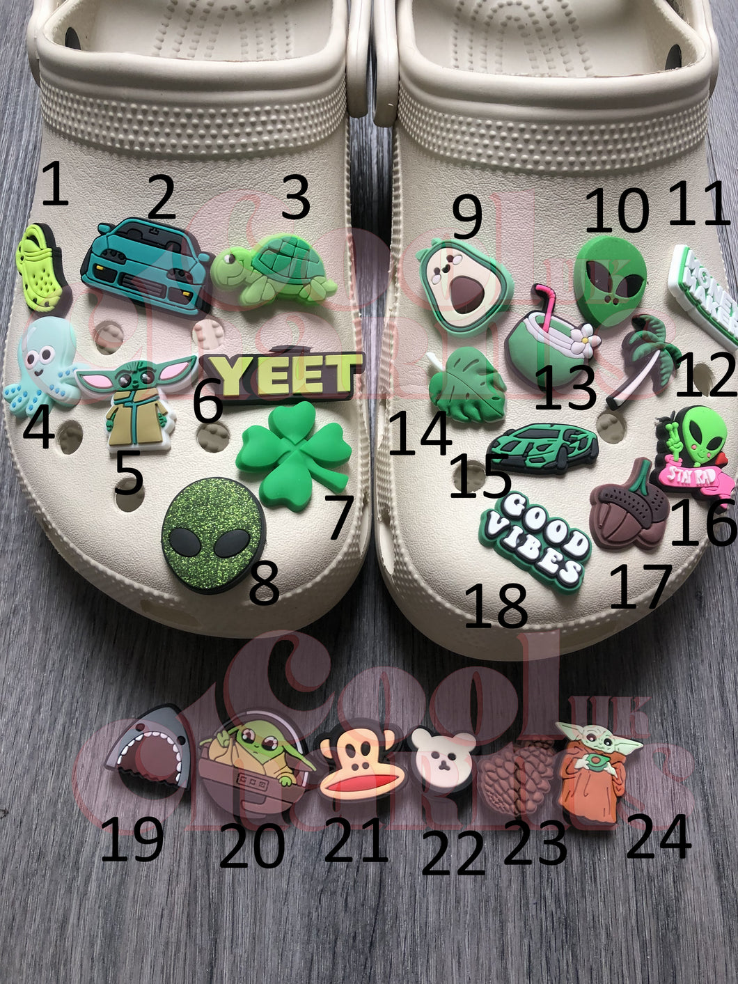 Green & Brown Charms - Baby Yoda, Alien, Palm Tree, Lead, Good Vibes, Clover, Teddy, Monkey, Car, Yeet, Avocado