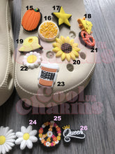 Load image into Gallery viewer, Orange &amp; Yellow Charms - Bee, Pumpkin, Star, Pizza Shell, Cheese, Sunflower, Daisy, Sun, Hat
