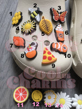 Load image into Gallery viewer, Orange &amp; Yellow Charms - Bee, Pumpkin, Star, Pizza Shell, Cheese, Sunflower, Daisy, Sun, Hat
