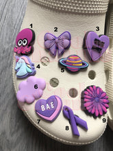 Load image into Gallery viewer, Purple Charms - Purple Bow, Lolly, Donut, Rainbow, Unicorn, Purple Flower, Purple Butterflies, BAE Heart, Drink
