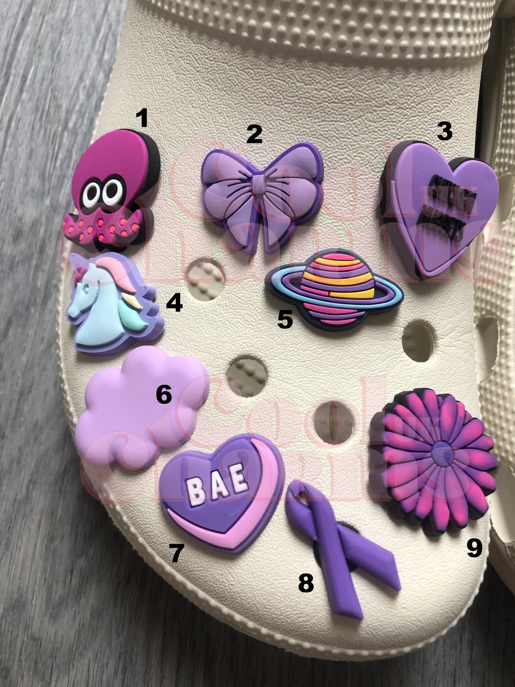 Purple Charms - Purple Bow, Lolly, Donut, Rainbow, Unicorn, Purple Flower, Purple Butterflies, BAE Heart, Drink