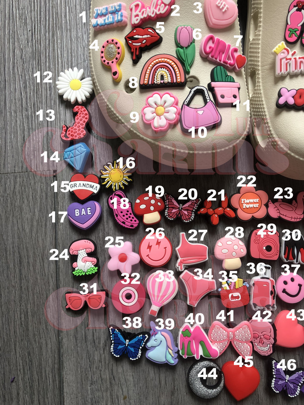 Pink Girly Charms 75+ Designs (NEW) - Holiday, Handbag, Flower, Heart, Rainbow, Daisy, Mushroom, Balloon, Sunglasses, Hat, Drink, Flamingo Floatie