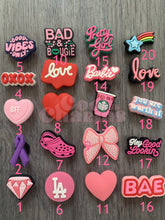 Load image into Gallery viewer, Pink Themed Charms - Heart, Rainbow, Love, Diamond, Ribbon, Barbie, Good Vibes Only, You are worth it
